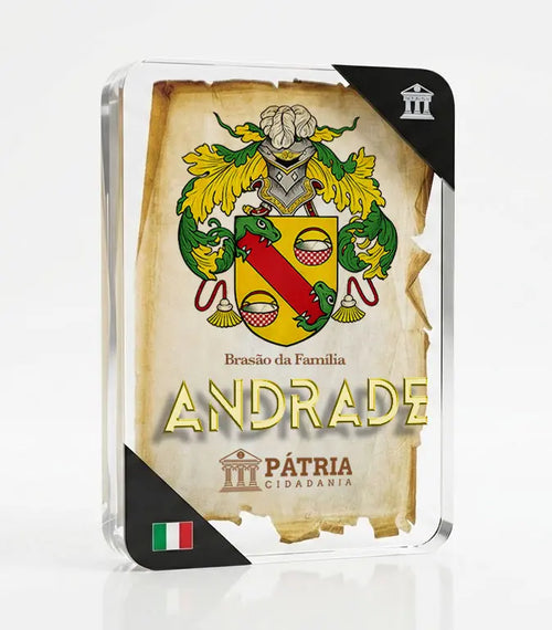 Brasão da Família Andrade Acrílico 3D 10x14,5x1,5 Pátria Cidadania