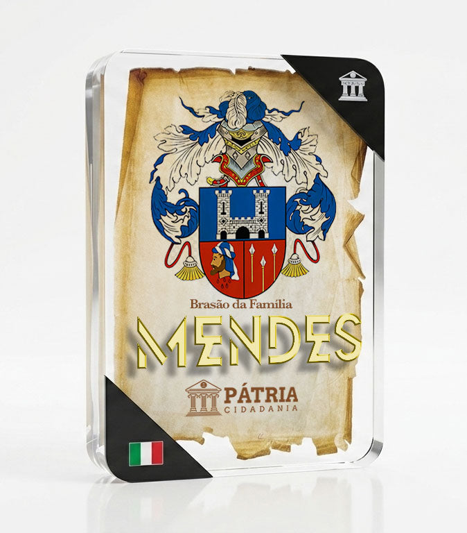 Brasão da Família Mendes Acrílico 3D 10x14,5x1,5 Pátria Cidadania