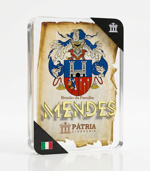 Brasão da Família Mendes Acrílico 3D 10x14,5x1,5 Pátria Cidadania
