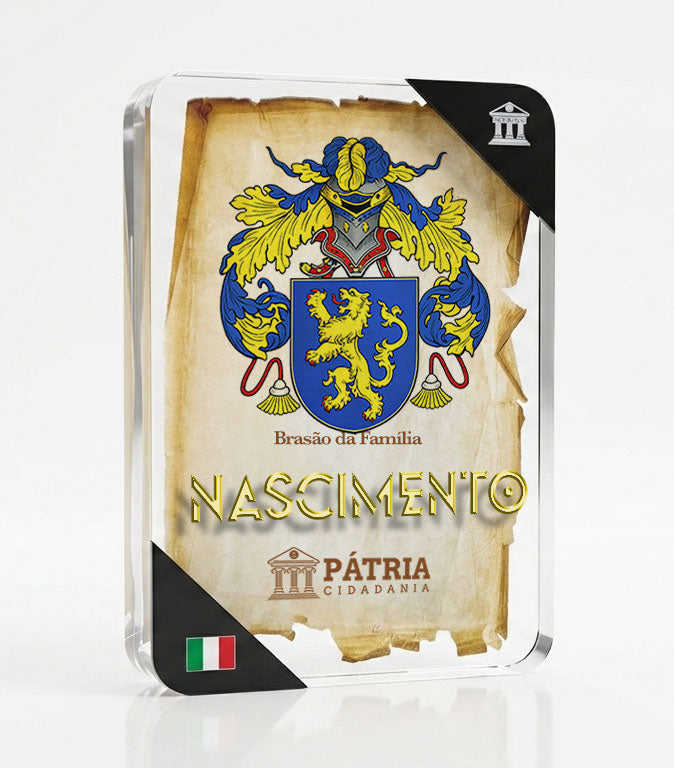 Brasão da Família Nascimento Acrílico 3D 10x14,5x1,5 Pátria Cidadania