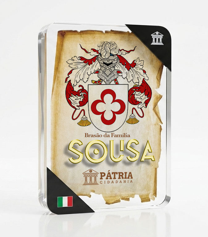 Brasão da Família Sousa Acrílico 3D 10x14,5x1,5 Pátria Cidadania