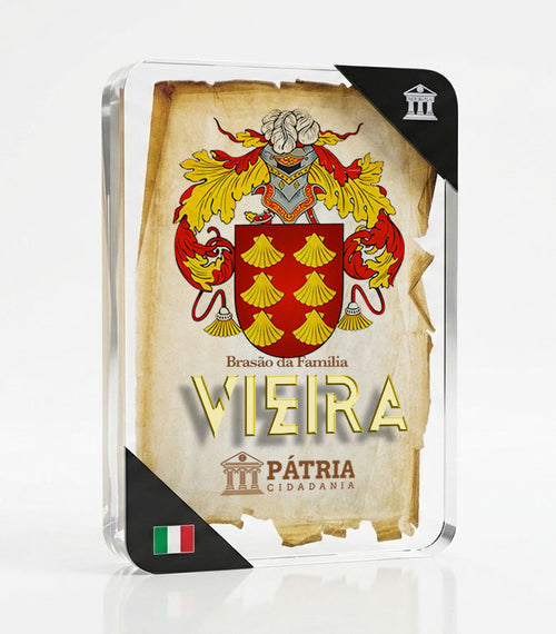 Brasão da Família Vieira Acrílico 3D 10x14,5x1,5 Pátria Cidadania